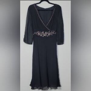 Y2K Adrianna 100% Silk Midi Dress Size 14 Black Sheer Sleeves Beaded Belted Tie